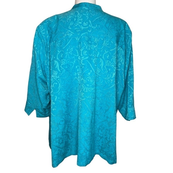 Erin Jacquard Floral Print Linen Blend Tunic Top Plus 3X 3/4 Sleeve Blue Button - Picture 5 of 14